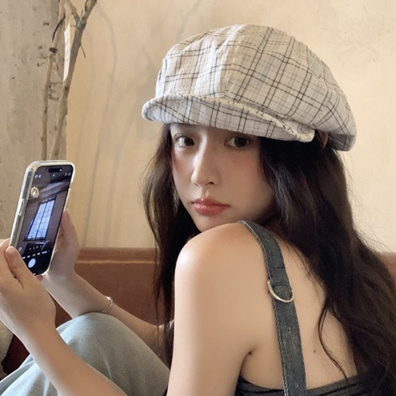 新しい韓国スタイルのチェック柄ベレー帽女性のための春と夏の森スタイル文学多用途キャスケット帽子顔を小さくする八角形帽子画家の帽子|undefined