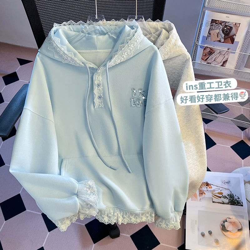 Sweet Preppy Style Lace Splicing Hooded Sweatshirt for Women 2025 Autum New Fashion Design Loose Top