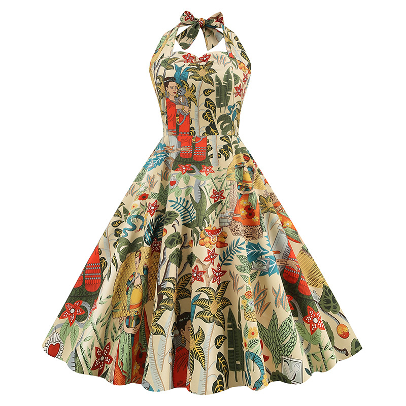 European And American Women's Hepburn Style Puff Skirt Dress Retro Print Halter Neck New 2026 Cross Border Exclusive_ecoleips.com