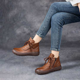 秋季真皮手工复古短靴中老年平底女式靴子软底防滑妈妈鞋短筒单靴