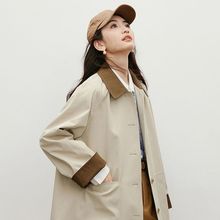 日系卡其风衣2025秋季新款女装巴恩松弛感显瘦撞色翻领中长款外套