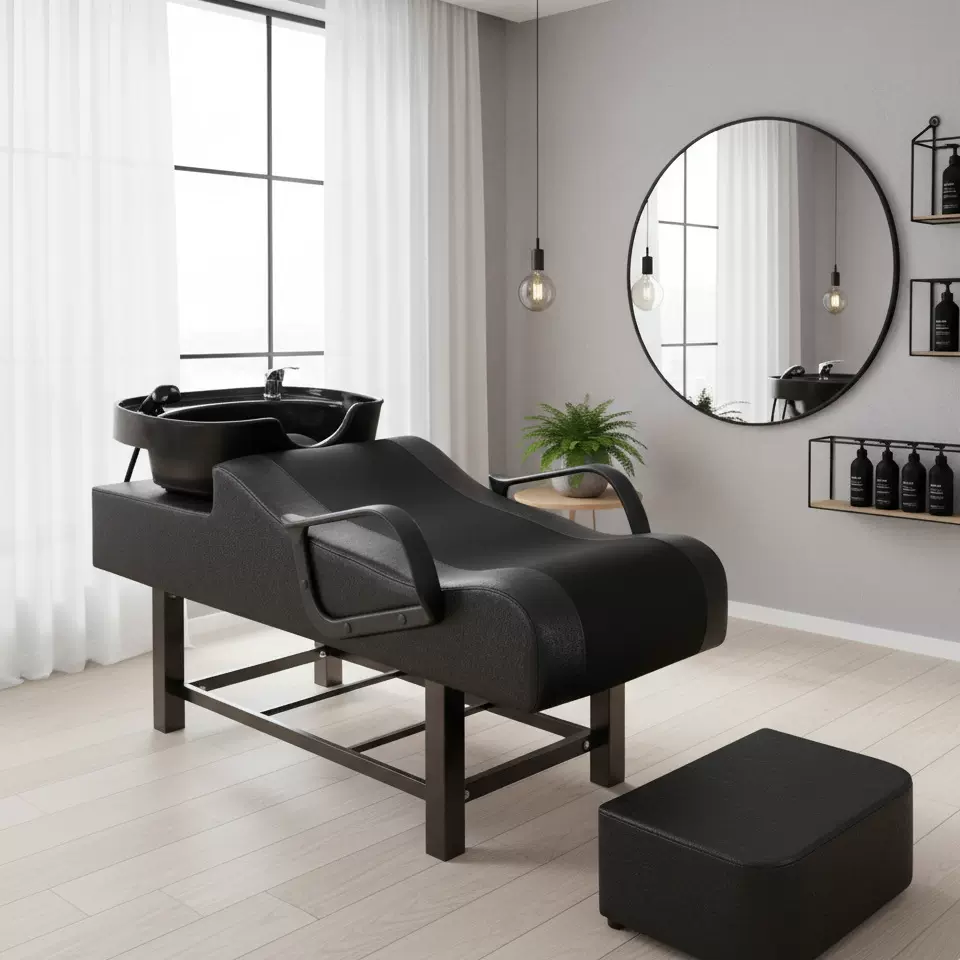 新款洗头床理发店发廊专用半躺式便捷美发床冲水床塑料盆带脚踏