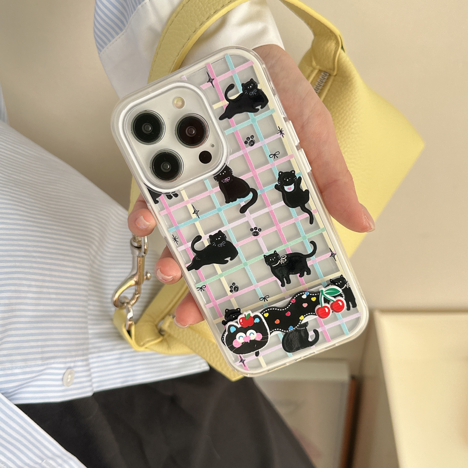 Gato negro a cuadros de color de dibujos animados coreanos para Apple 16ProMax funda para teléfono móvil 15Pro pareja 14/13 nuevo 16