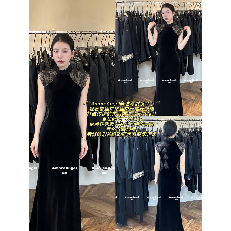 辛迪.AmoreAngel-味收腰开叉修身显瘦长款包臀小黑裙连衣裙D0010|undefined