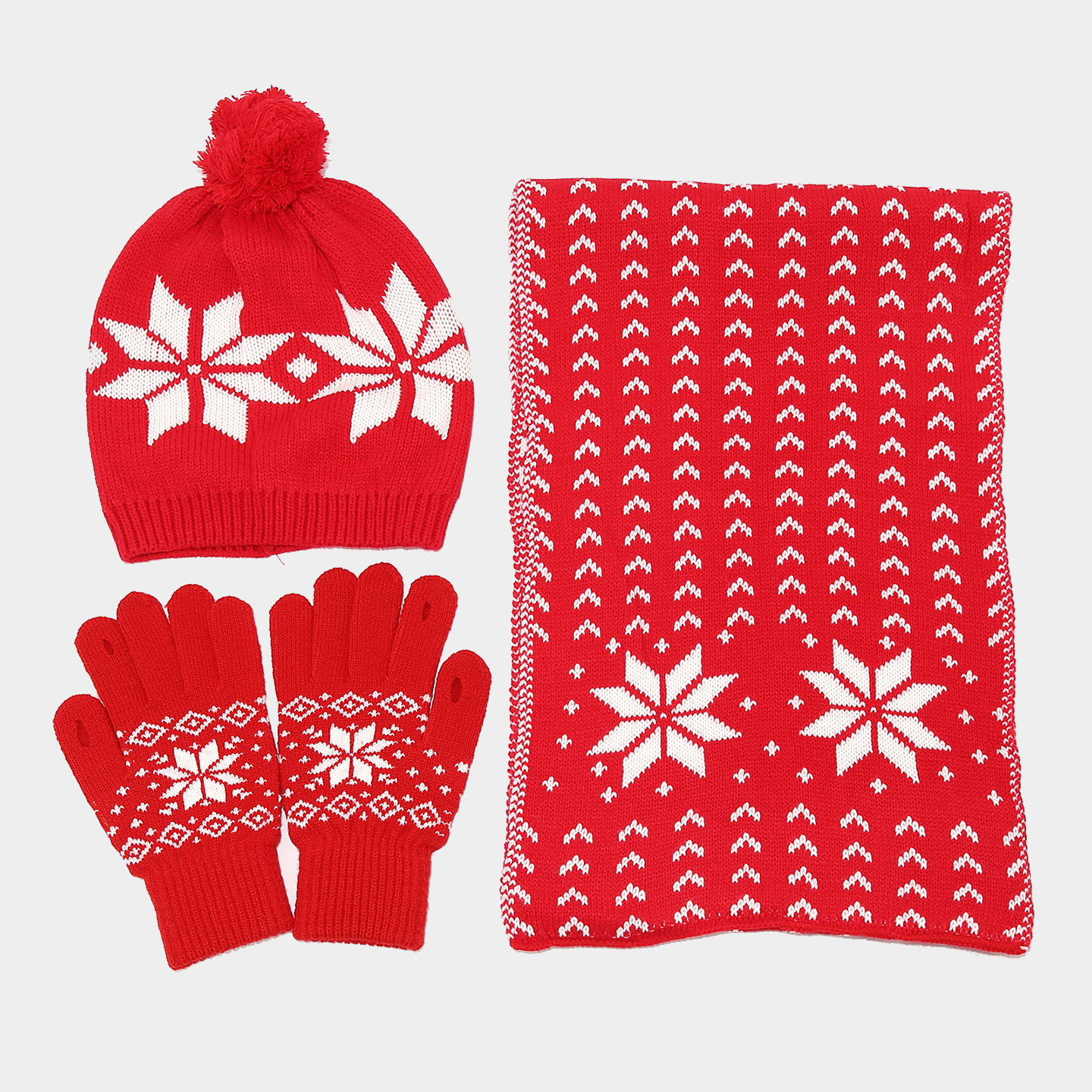 Europa y América Navidad patrón de copo de nieve sombrero de punto bufandas guantes de tres piezas para mujeres decoración de Navidad conjunto cálido