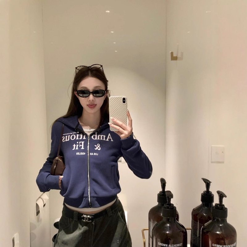 Jennie's Same Style Zipper Sweatshirt American Sexy Hoodie Blue Distressed Washed Top Slim Short Jacket for Women Jennie's Same Style Zipper Sweatshirt American Sexy Hoodie Blue Distressed Washed Top Slim Short Jacket for Women