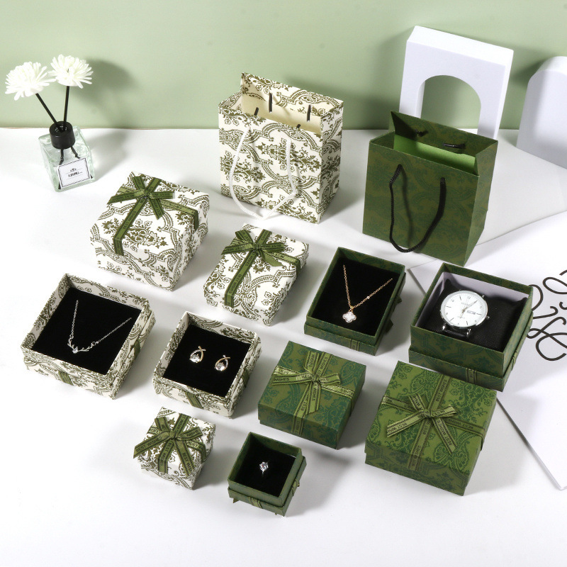 古典印花首饰盒古风蝴蝶结饰品包装盒戒指耳钉小礼盒珐琅绿包邮