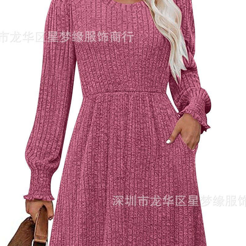 New Cross-Border Long-Sleeved Dress Autumn Women's Pure Color Casual Long-Sleeved Round Neck Pocket Waist Dress Skirt