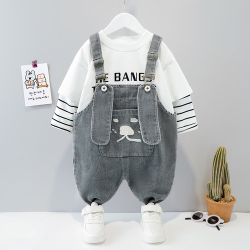 Children's boys and girls denim overalls long-sleeved suit baby casual cartoon Korean version cotton two-piece set manufacturer wholesale
