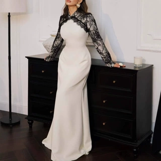 跨境欧美外贸女装2026夏季新款立领蕾丝长袖法式修身千金直筒裙