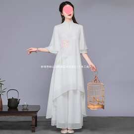 中国风唐装套装茶服文艺复古雪纺连衣裙禅服打坐演出服装仙气欧美