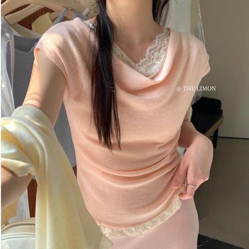 2025 Summer New Chic French Elegant Style Lace Splice Swing Collar Knit Women's One-Shoulder Top