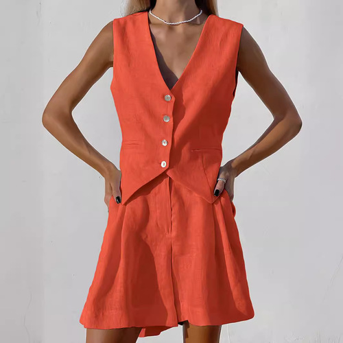 European and American design-sensory cotton and linen suit vest set women's summer casual sleeveless vest shorts two-piece set