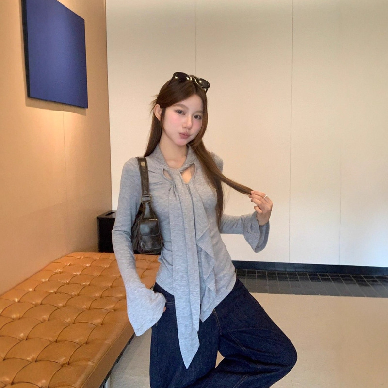荷叶边飘带长袖t恤女装早秋2025新款不规则设计感打底衫别致上衣|undefined