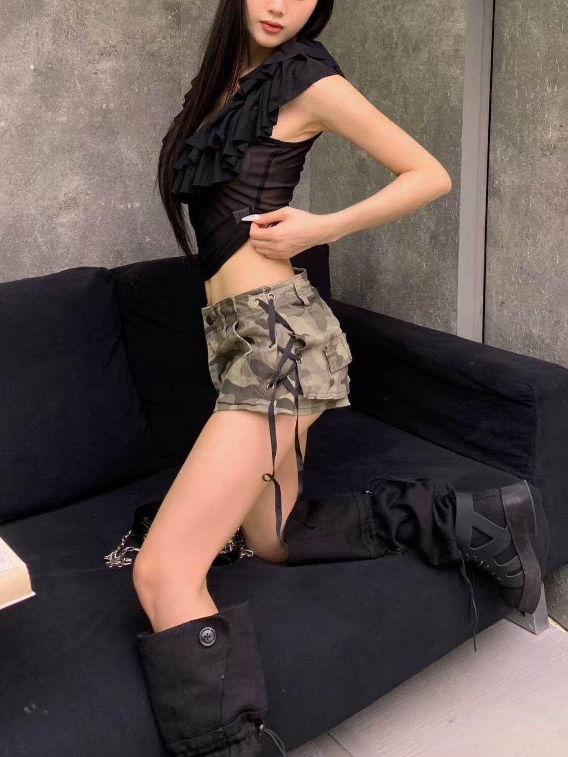 美式vibe高街迷彩超短牛仔裤裙夏辣妹低腰修身显瘦阔腿包臀裤裙潮