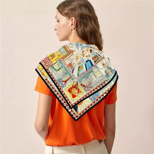 Spring new 90 square scarf, machine rolled edge, handmade table printing, women's headscarf, shawl, large square scarf, retro wholesale