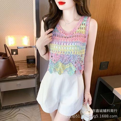 Dopamine Resort Style Hollow Crochet Flower Knitted Camisole Women's New Sweet & Spicy Slim-fit Short Vest Top