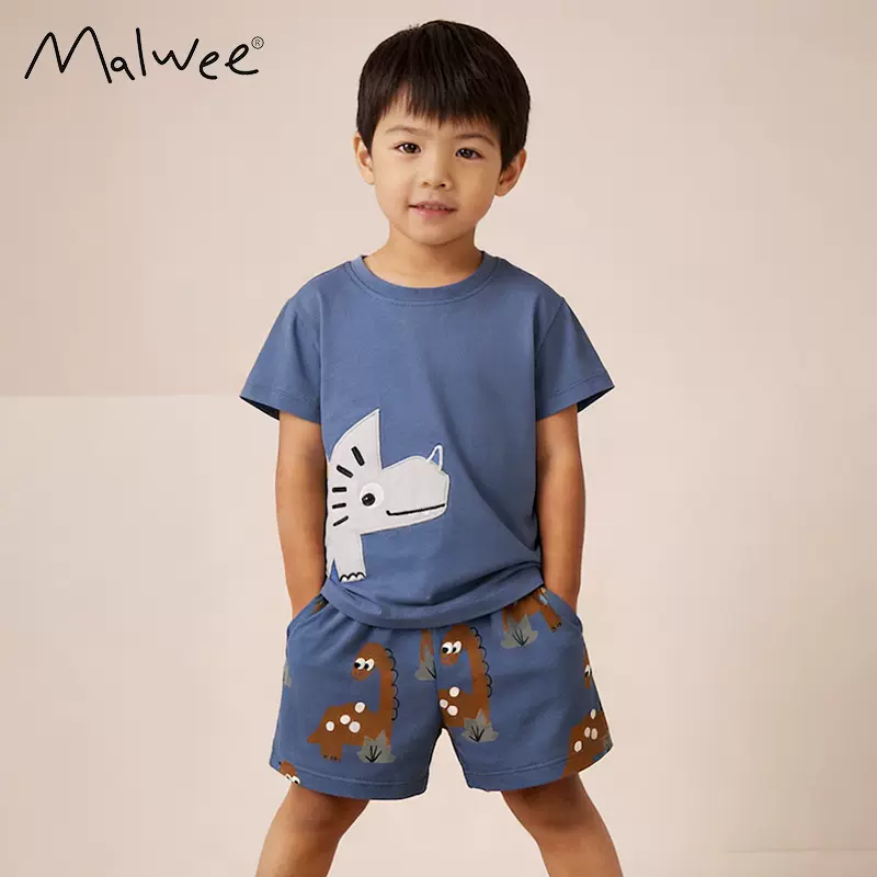 跨境malwee欧美元素夏季男童套装中小童3至8岁100至150cm圆领T恤