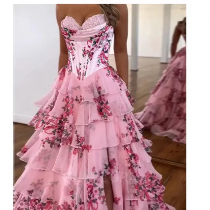 2025 New Spring and Summer Off-Shoulder European and American Fashionable Chiffon Printed Fairy Long Elegant Evening Dress