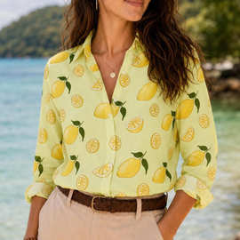 浅黄绿色底整颗柠檬切片绿叶满印翻领长袖衬衫女士宽松度假衬衣