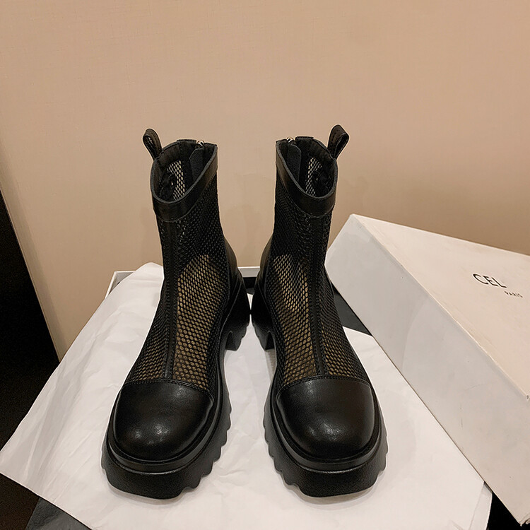 Boot nữ cổ cao đế dày gót bánh xốp da bò lưới thoáng khí xuân hè 2024 — Màu đen, Màu trắng be chi tiết 106