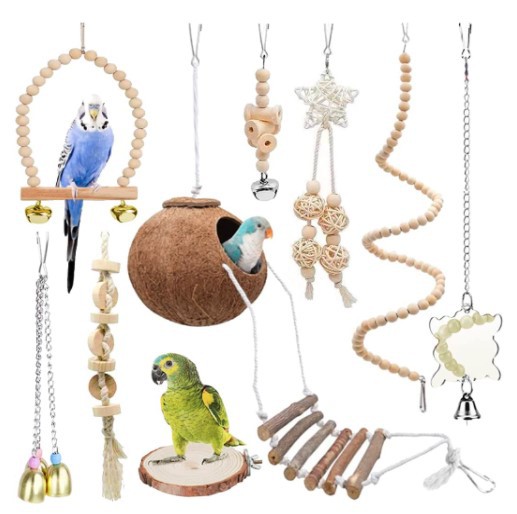 鹦鹉玩具鹦鹉组合玩具椰壳鸟窝8件套原木站台秋千爬梯