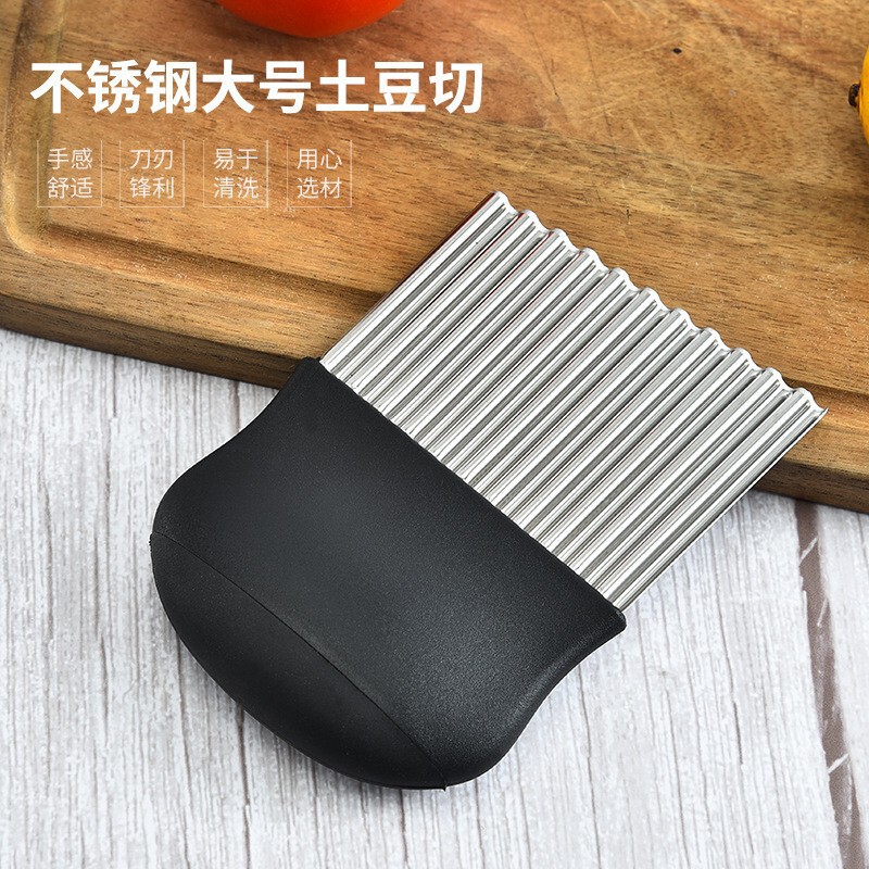 ステンレスの狼牙のジャガイモの刀のアイデアの木の柄の波の刀のポテトチップスのジャガイモの切り器のステンレスの台所の小道具|undefined