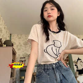 卡通好看冰丝针织衫短袖T恤女夏季设计感小众撞色圆领正肩上衣潮
