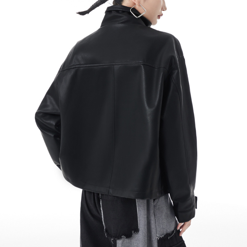 Nueva chaqueta de cuero de PU de la motocicleta de Bolsillo grande para adelgazar suelta Estilo retro de Hong Kong de manga larga collar de pie abrigo corto para mujeres Otoño e Invierno