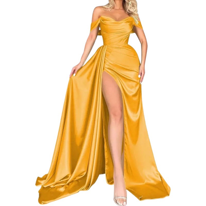 Vestido de fiesta de noche entallado y sexy con abertura alta, hombros descubiertos, para anfitrionas, ideal para banquetes de comercio exterior transfronterizo de ventas directas en 2025.
