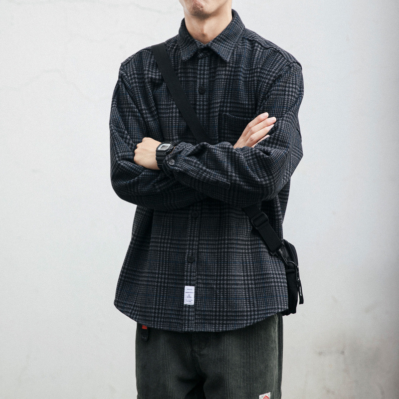 Vintage Workwear Plaid Shirt Men's Autumn and Winter Long-sleeved Fashionable Loose All-match Thickened Shirt Casual Woolen Shirt