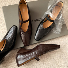 羊皮瑪麗珍鞋女淺口單鞋早春新品純色異形中跟鞋一字帶方頭女單鞋