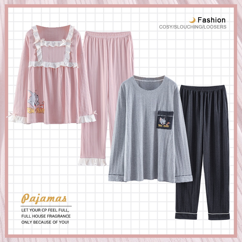 Pareja pijamas de algodón manga larga Otoño e Invierno traje los hombres color sólido flojo ocasional más tamaño vestir prendas exteriores homewear