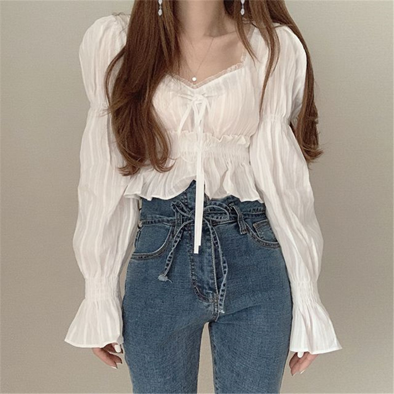Korean Style Early Autumn New Sweet Lace Splicing Shirt Puff Sleeves Waist Slimming Design Long-Sleeved Top for Women