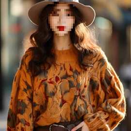 欧货重工漂亮橘色粗线毛衣外套女秋冬新款慵懒风加厚撞色上衣
