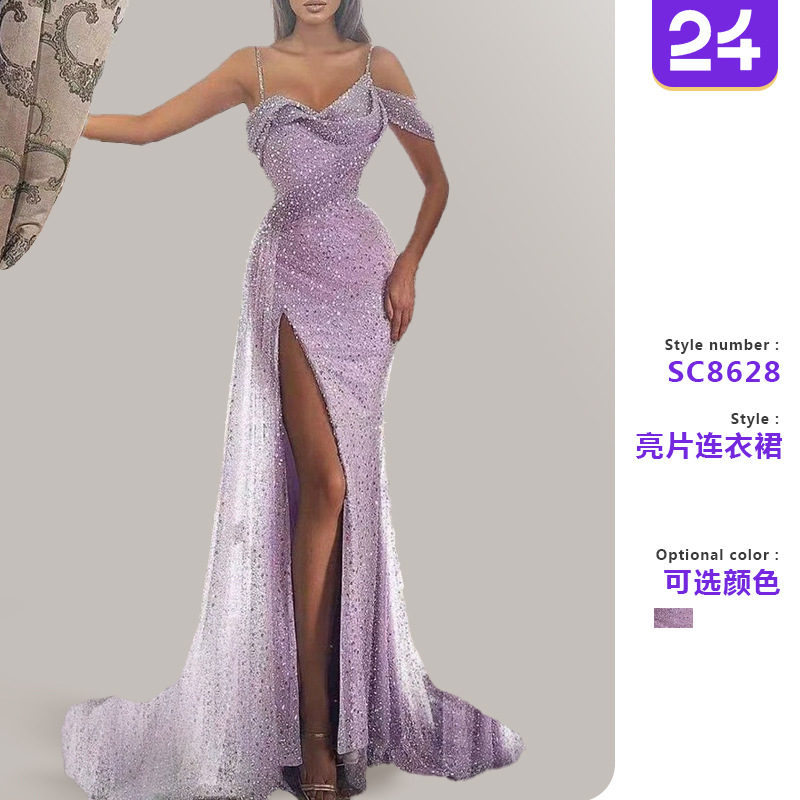 2026 New Cross-Border European and American Women's Fashion Amazon Dress, Spaghetti Strap Long Dress with Slit, Sequined Irregular Evening Gown