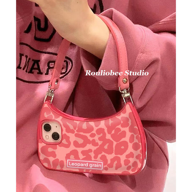 Hot Girl Ins Pink Leopard Print Handbag Suitable for Iphone13/14/15Promax Mobile Phone Case Apple 12 Anti-Fall X