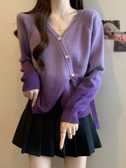 超好看不规则v领针织衫紫色打底毛衣女2025秋季大码胖mm遮肚上衣