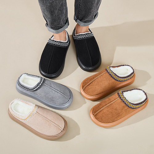 Cross-border Baotou fluffy slippers women's autumn/winter ethnic style cotton slippers for home use, warm and thick-soled cotton slippers for men and couples