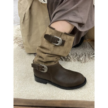 现货秒发~内增高圆头褶皱堆堆靴女复古长筒靴真皮长靴中筒骑士靴