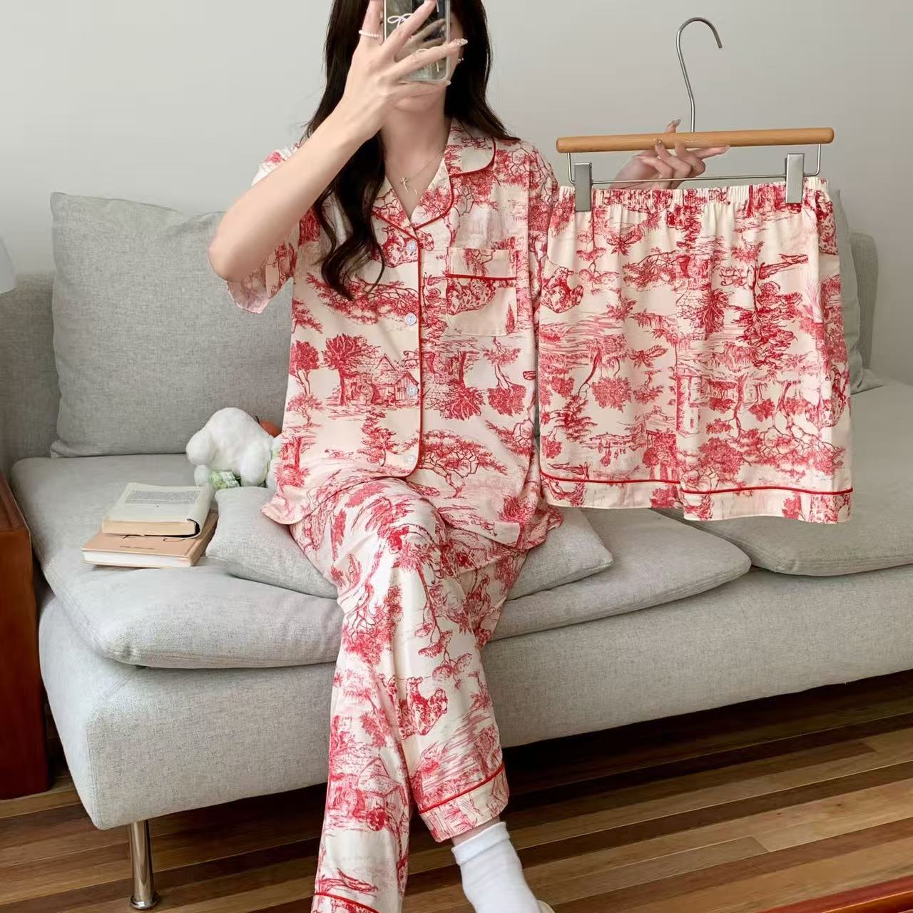Pijamas de verano de las mujeres delgados pantalones de manga corta cardigan conjunto de tres piezas popular en línea nuevo traje de desgaste de casa de verano image 42