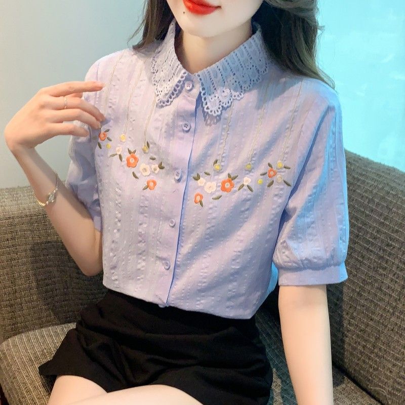 2025夏季新款女装白色衬衣纯棉衬衫女洋气全棉刺绣短袖泡泡袖上衣