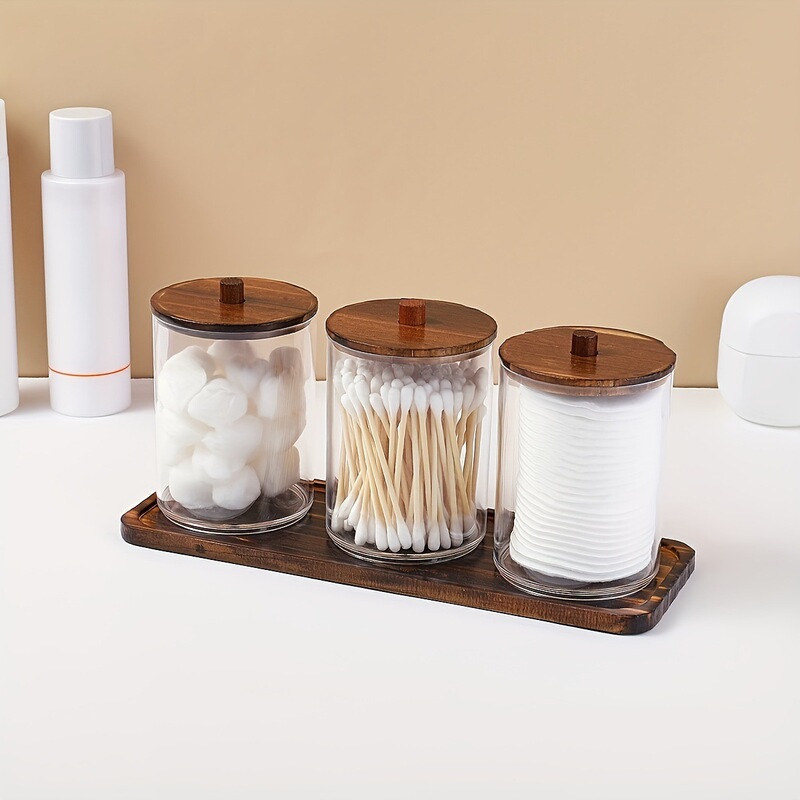 4-piece set retro cotton swab rack cotton swab box bathroom counter storage box with black wooden cover with tray