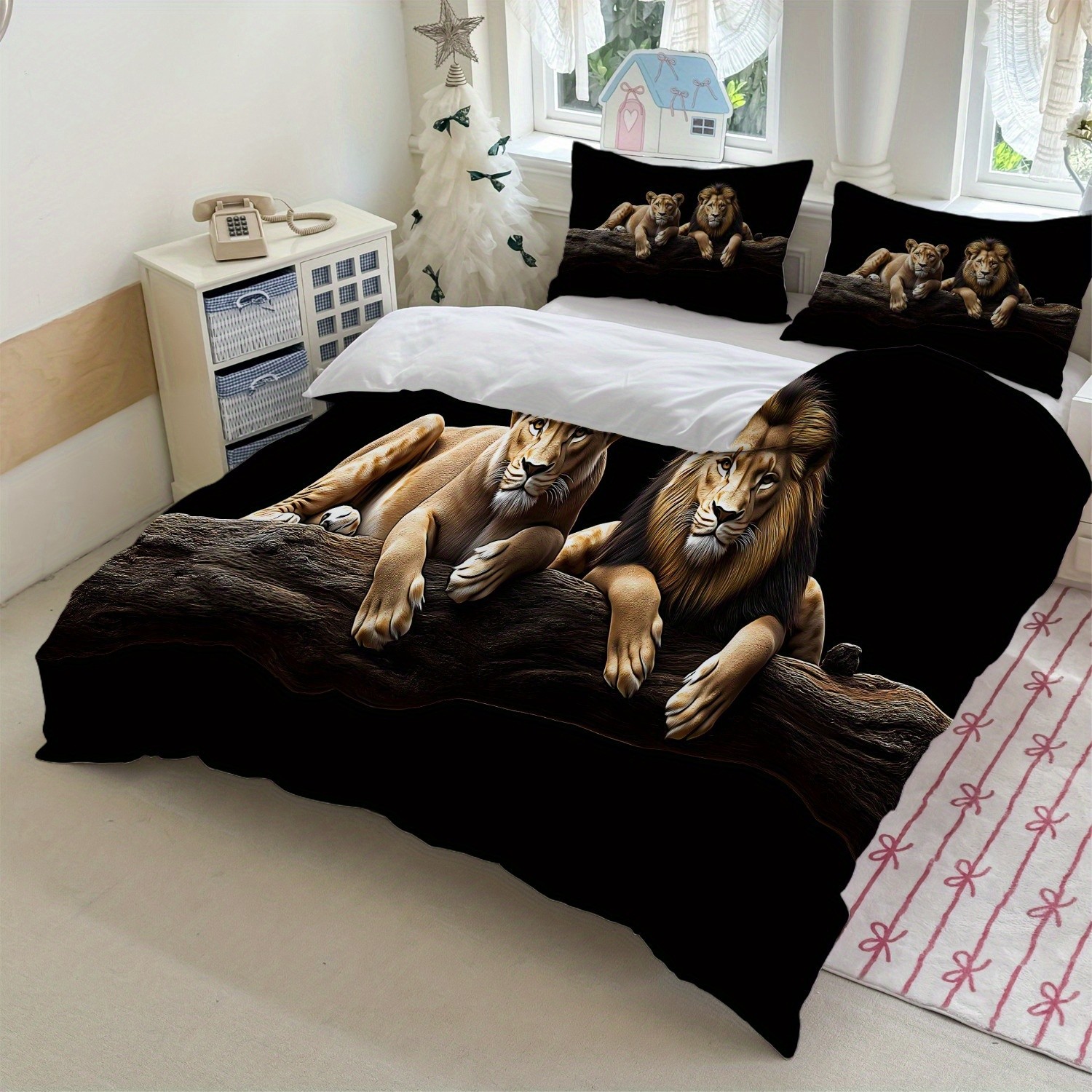 TEMU / JIT abrasión digital impresión cama colcha de cama pro-piel kit textil casero frío negro patrón de león fábrica fuente