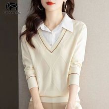 春秋季新款假两件上衣女韩版宽松外穿衬衫翻领毛衣内搭针织打底衫