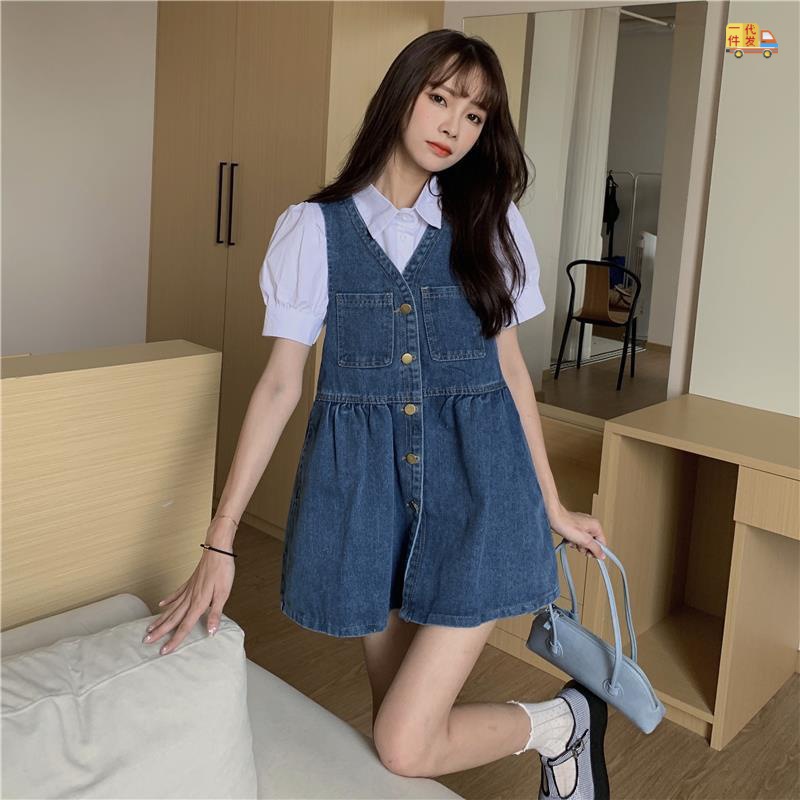 Retro Show thin Single breasted cowboy Vest skirt braces skirt puff sleeve shirt suit Female Blue