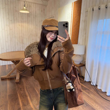 实拍～复古毛领外套女2025秋冬新款美式复古设计感短款上衣女装