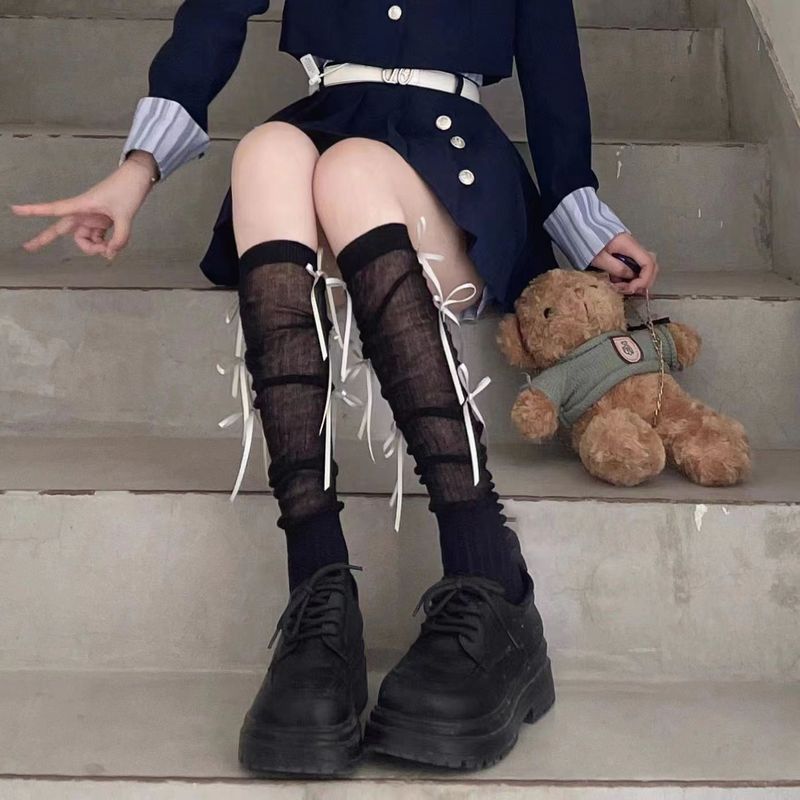 Women's Spring and Autumn Niche Patchwork College Style Jk Slouch Socks, Sweet Calf Socks, Ballet Style Ribbon Bow Over-The-Knee Socks