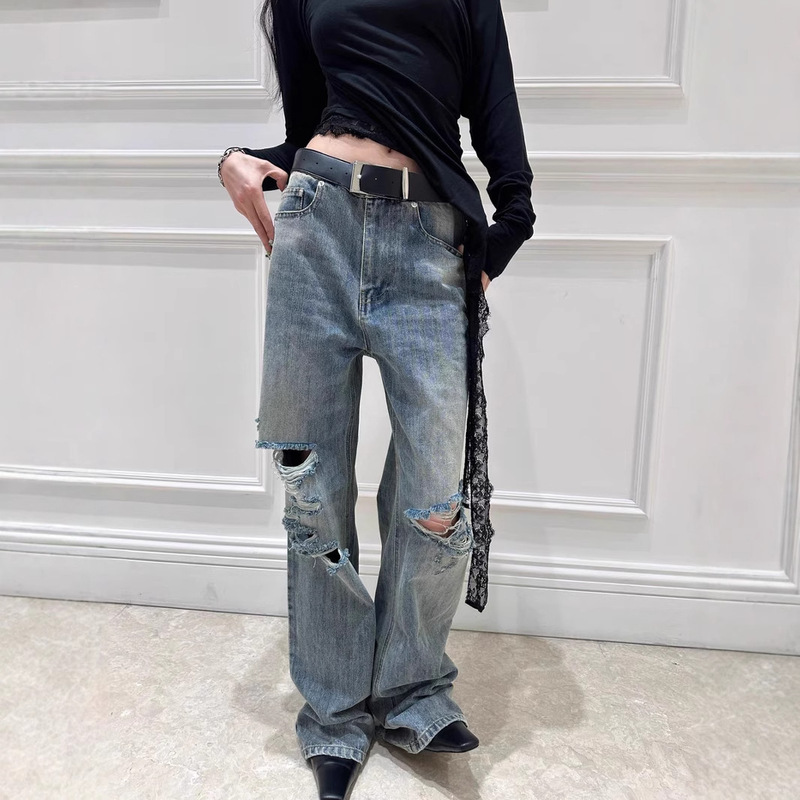 B. Home Niche Fashionable Waste Earth Style Old Tear Hole Jeans Pants Straight Leg Pants Fashionable Joker Straight Leg Pants