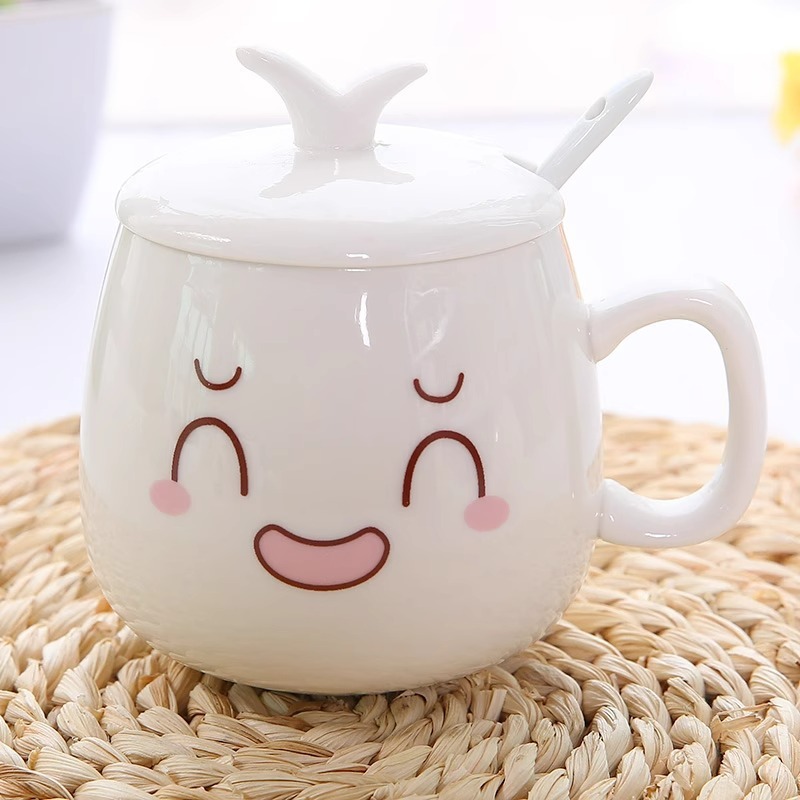 かわいい表情ミルクマグコーヒーカップクリエイティブカップルカップセラミックカップ蓋付きスプーン飲料水家庭用ティーカップ|undefined